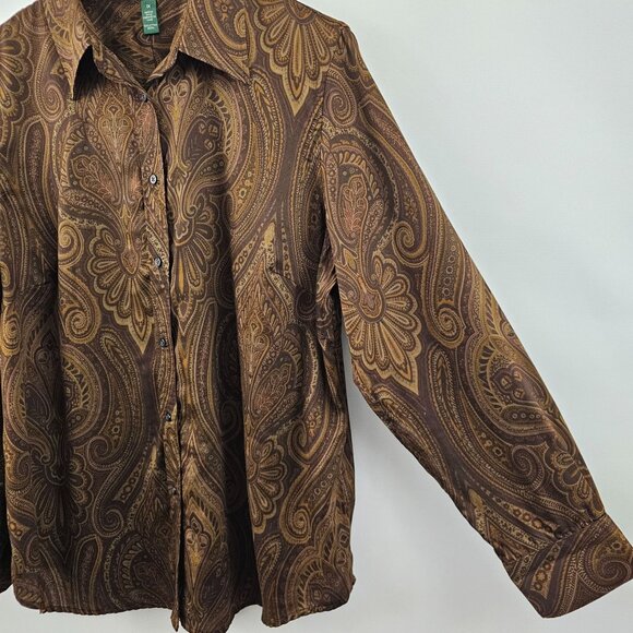 Ralph Lauren Button Down Shirt Womens 1X Paisley 100% Cotton Brown Tan Old Money - Picture 6 of 10